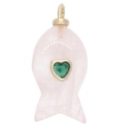 Fish Pendant, 28x13 mm, with CZ Heart and Gemstone - Rose Quartz x1