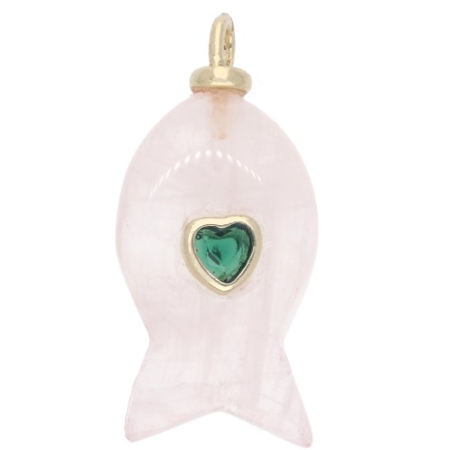 Fish Pendant, 28x13 mm, with CZ Heart and Gemstone - Rose Quartz x1