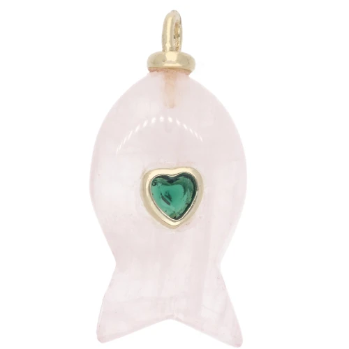 Fish Pendant, 28x13 mm, with CZ Heart and Gemstone - Rose Quartz x1