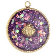 17.5 mm Round Charm with Seashell Pattern, Epoxy Resin, 304 Stainless Steel, Gold-Plated, Purple x1