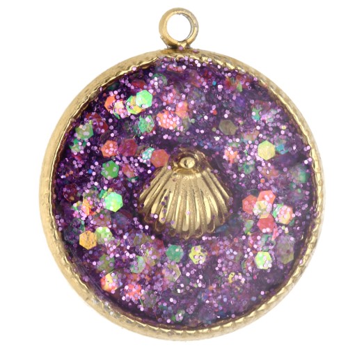 17.5 mm Round Charm with Seashell Pattern, Epoxy Resin, 304 Stainless Steel, Gold-Plated, Purple x1
