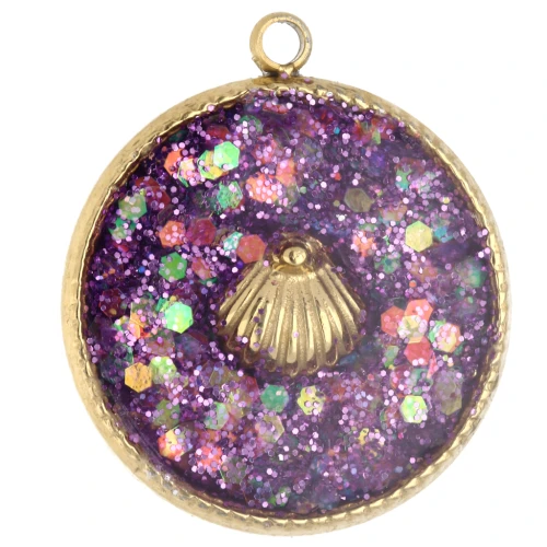 17.5 mm Round Charm with Seashell Pattern, Epoxy Resin, 304 Stainless Steel, Gold-Plated, Purple x1