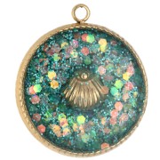 17.5 mm Round Charm with Seashell Pattern, Epoxy Resin, Gold-Plated 304 Stainless Steel - Green x1