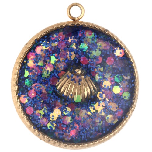 17.5 mm Round Charm with Seashell Pattern, Epoxy Resin, Gold-Plated 304 Stainless Steel - Blue x1