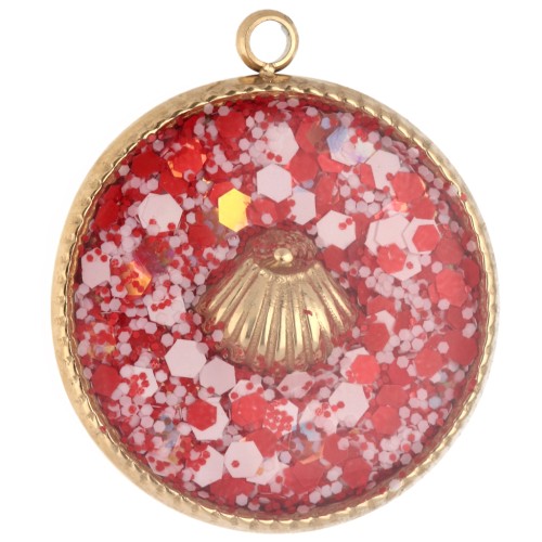 17.5 mm Round Charm with Seashell Pattern, Epoxy Resin, Gold-Plated 304 Stainless Steel - Red x1