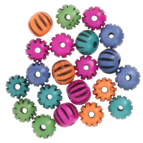 Gift - 12x10 mm flat round engraved bone beads - Multicolor x39g