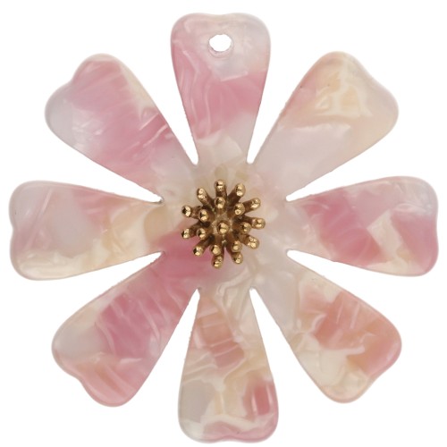 40 mm Flower Pendants in Acetate and Gold-Plated 304 Stainless Steel - Pink - Pearlescent White (set of 2)