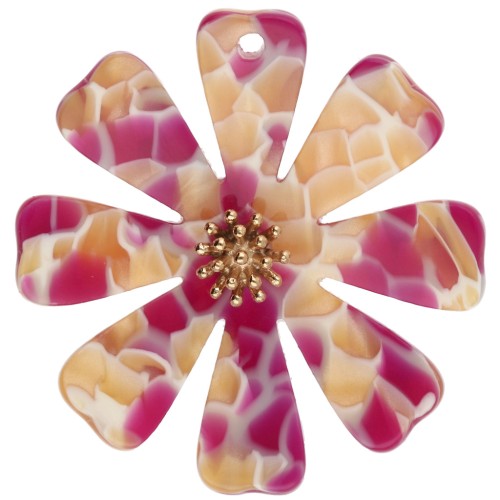 40 mm Flower Pendants in Acetate and Gold-Plated 304 Stainless Steel - Fuchsia - Pearlescent Honey x2