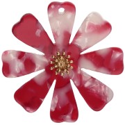 40 mm Flower Pendants in Acetate and Gold-Plated 304 Stainless Steel - Red - Pearlescent White (set of 2)
