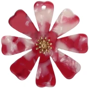 40 mm Flower Pendants in Acetate and Gold-Plated 304 Stainless Steel - Red - Pearlescent White (set of 2)