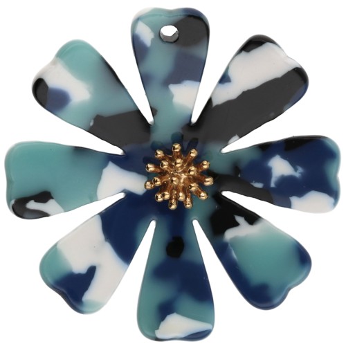 40 mm Flower Pendants in Acetate and Gold-Plated 304 Stainless Steel - Multi Blue - White x2