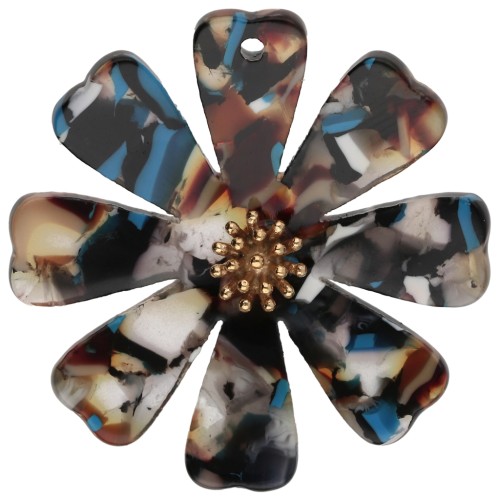 40 mm Flower Pendants Made of Acetate and Gold-Plated 304 Stainless Steel - Brown - Blue - Black (Set of 2)