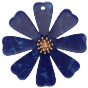 40 mm Flower Pendants in Acetate and Gold-Plated 304 Stainless Steel - Dark Blue with a Pearlescent Finish (Set of 2)