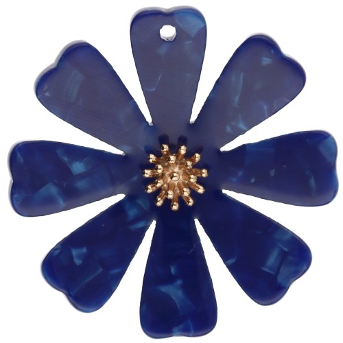 40 mm Flower Pendants in Acetate and Gold-Plated 304 Stainless Steel - Dark Blue with a Pearlescent Finish (Set of 2)