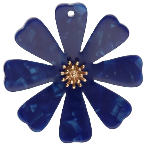 40 mm Flower Pendants in Acetate and Gold-Plated 304 Stainless Steel - Dark Blue with a Pearlescent Finish x2