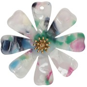 40 mm Flower Pendants Made of Acetate and Gold-Plated 304 Stainless Steel - White - Pink - Green (Set of 2)