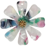40 mm Flower Pendants Made of Acetate and Gold-Plated 304 Stainless Steel - White - Pink - Green (Set of 2)