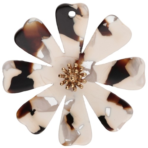 40 mm Flower Pendants in Acetate and Gold-Plated 304 Stainless Steel - Cream - Dark Brown (Set of 2)