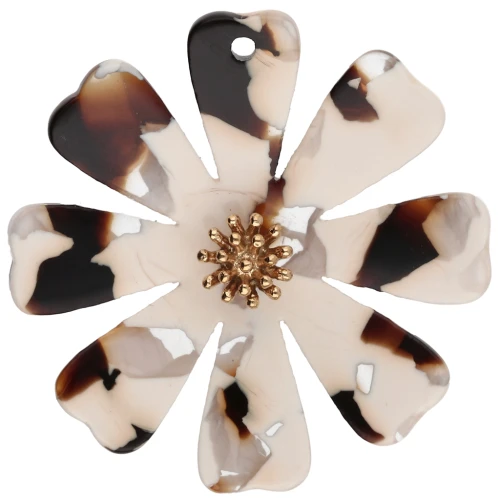 40 mm Flower Pendants Made of Acetate and Gold-Plated 304 Stainless Steel - Cream - Dark Brown x2