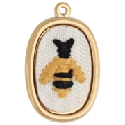 Oval Embroidered Pendant, 28x18 mm - Bee Pattern - Gold-Plated 304 Stainless Steel x1