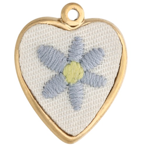 Embroidered Heart Pendant, 27x22 mm - Flower Pattern - Gold-Plated 304 Stainless Steel x1