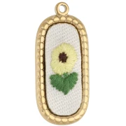 Oval embroidered pendant, 32x14 mm - flower pattern - Gold-plated 304 stainless steel x1