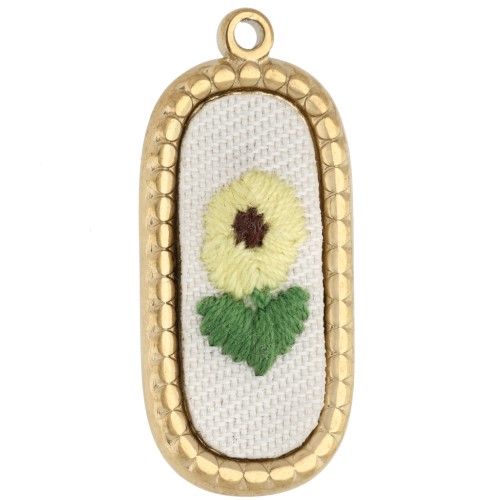 Oval embroidered pendant, 32x14 mm - flower pattern - Gold-plated 304 stainless steel x1