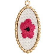 Oval embroidered pendant, 32x16.5 mm - flower pattern - Gold-plated 304 stainless steel x1
