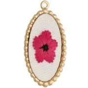 Oval embroidered pendant, 32x16.5 mm - flower pattern - Gold-plated 304 stainless steel x1