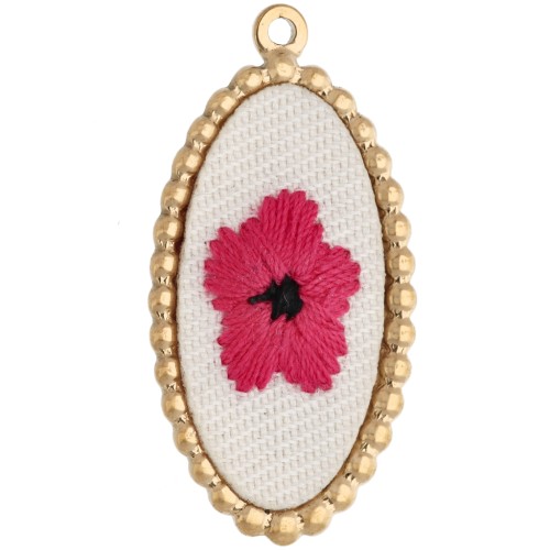 Oval embroidered pendant, 32x16.5 mm - flower pattern - Gold-plated 304 stainless steel x1