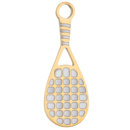 18x7 mm Epoxy Resin Tennis Racket Charm - Gold-Plated 316 Stainless Steel - White x1