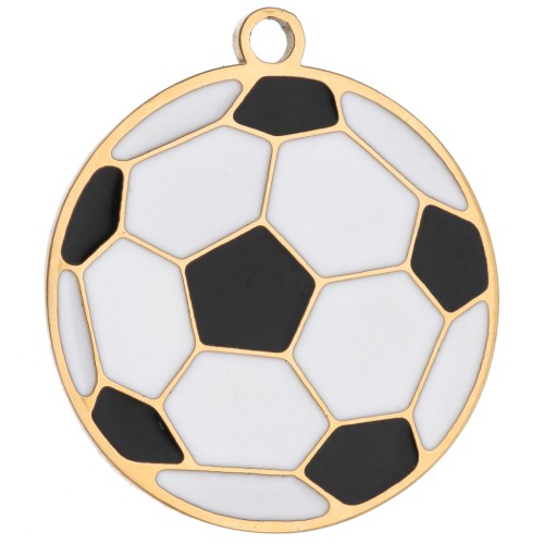 16mm Epoxy Resin Soccer Ball Charm - Gold-Plated 316 Stainless Steel - White - Black