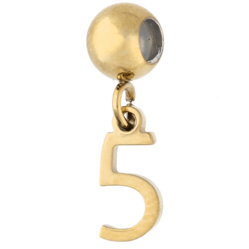 5 mm bead with number 5 charm - Gold-plated 304 stainless steel x1