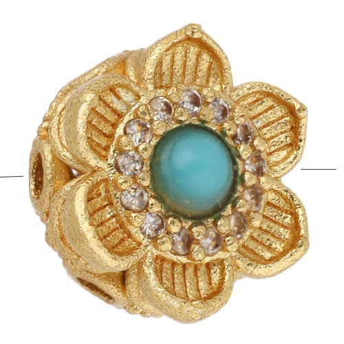 10 mm multi-hole flower bead with imitation gemstone and CZ - Fine gold plated