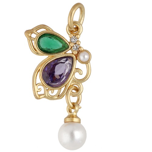 22x11 mm butterfly pendant with CZ and imitation mother-of-pearl charm - Fine gold plated