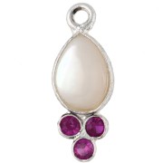 Pink Chalcedony - 18x7mm teardrop-shaped gemstone pendant, Fine silver plated—mother-of-pearl and pink chalcedony 18x7mm teardrop-shaped gemstone pendant, Fine silver plated—mother-of-pearl and pink chalcedony