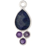 Amethyst - 18x7mm Teardrop Pendant with Gemstone, Fine silver plated - Lapis Lazuli & Amethyst 18x7mm Teardrop Pendant with Gemstone, Fine silver plated - Lapis Lazuli & Amethyst
