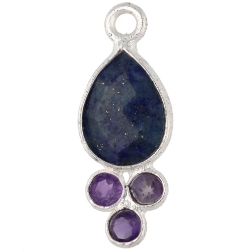 18x7mm Teardrop Pendant with Gemstone, Fine silver plated - Lapis Lazuli & Amethyst