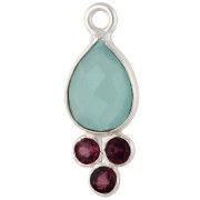 18x7mm Teardrop-Shaped Gemstone Pendant - Fine silver plated - Chalcedony and Garnet