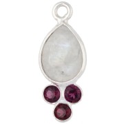18x7mm Teardrop Pendant with Gemstone, Fine silver plated - Moonstone and Garnet