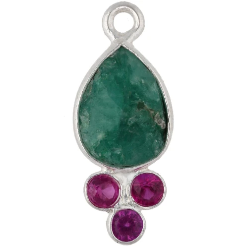 18x7mm teardrop pendant with gemstone, Fine silver plated, emerald and chalcedony imitation