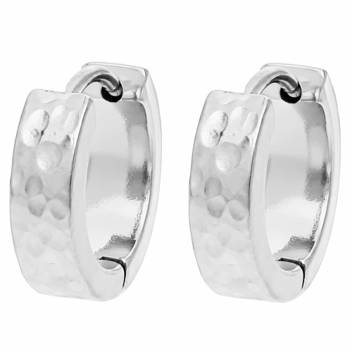 14 mm Wide, Hammered Round Creole Hoop Earrings - 316L Stainless Steel x2
