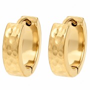 14 mm Wide, Hammered Round Creole Hoop Earrings - 316L Gold-Plated Stainless Steel x2