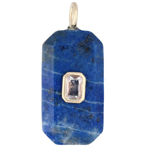 Rectangular Pendant, 34x15 mm, Gemstone and CZ - Lapis Lazuli - Yellow or Crystal