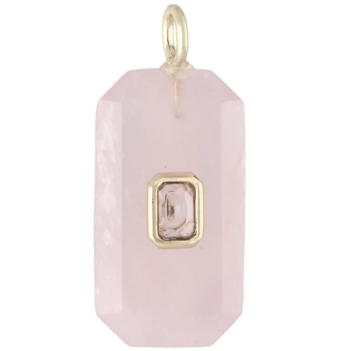 Rectangular Pendant, 34x15 mm, Gemstone and CZ - Rose Quartz - Yellow or Crystal