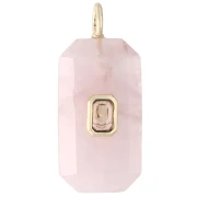 Rectangular Pendant, 34x15 mm, Gemstone and CZ - Rose Quartz - Yellow or Crystal