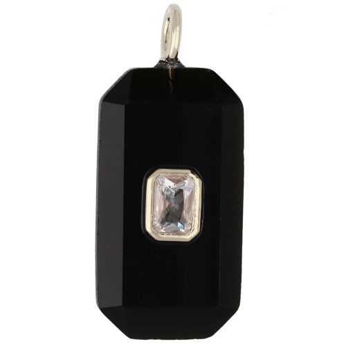 Rectangular Pendant, 34x15 mm, Gemstone and CZ - Black Onyx - Yellow or Crystal