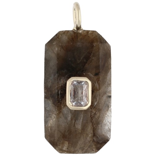 Rectangular Pendant, 34x15 mm, Gemstone and CZ - Labradorite - Yellow or Crystal