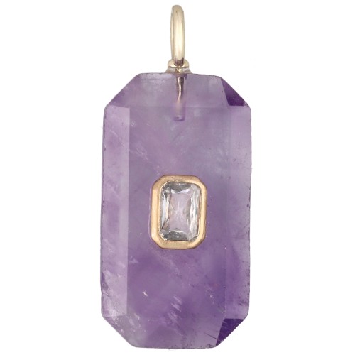 Rectangular Pendant, 34x15 mm, Gemstone and CZ - Amethyst - Yellow or Clear
