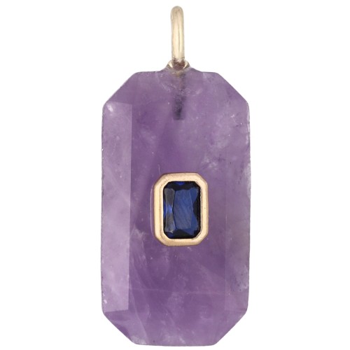 Rectangular Pendant, 34x15 mm, Gemstone and CZ - Amethyst - Blue